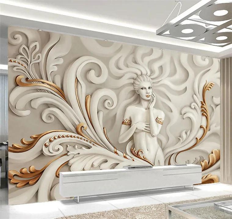 

Custom 3D Wall Paper Goddess Of Mercy Gold Embossed Wallpaper Sofa Living Room TV Backdrop Wall Sticker