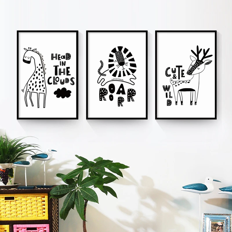Cute Black And White Animal Giraffe Lion Deer A3 Canvas Painting Posters Prints Wall Art Picture Children's Room Home Decor | Дом и сад