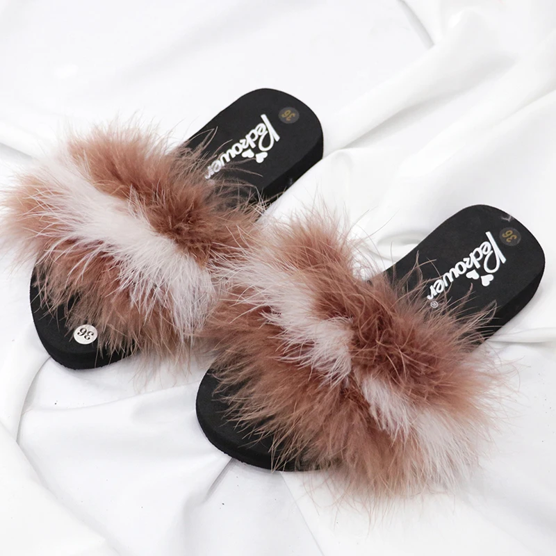 Женские туфли в полоску тапочки из страусиного пера плоская подошва пушистые