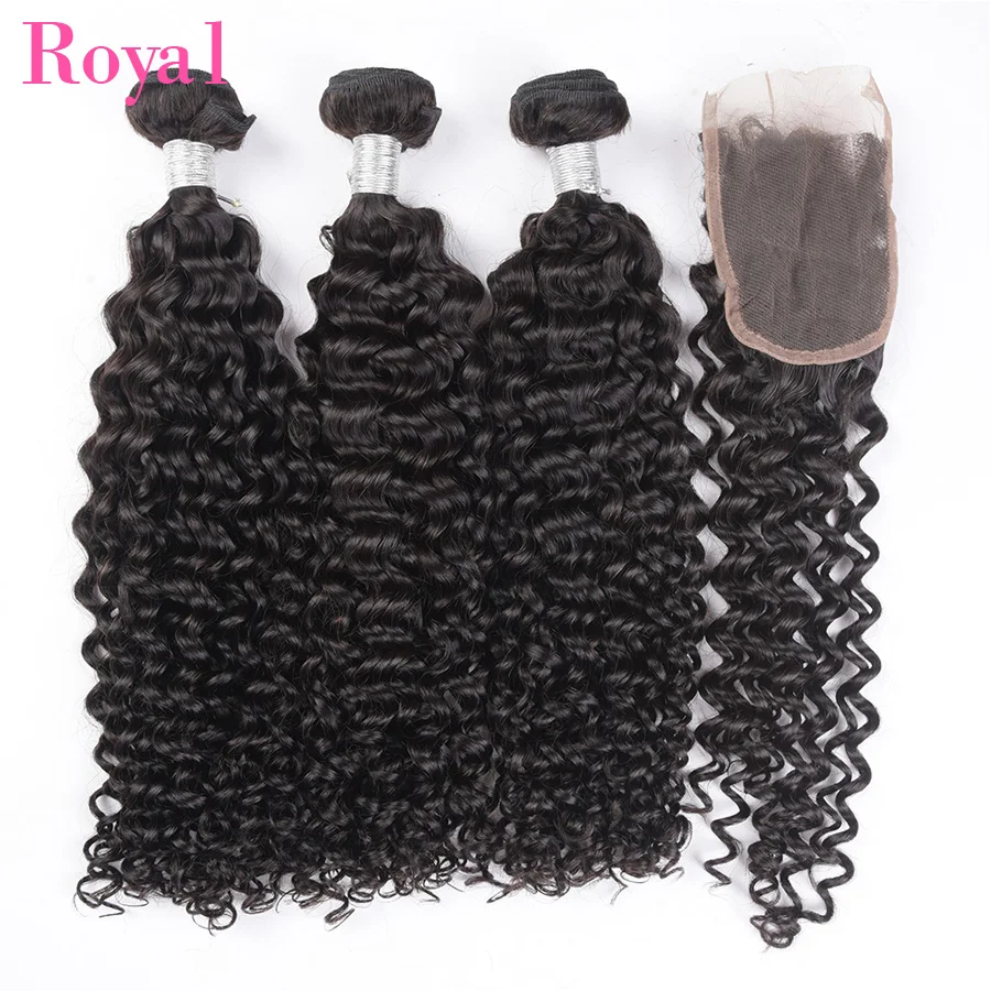 

ROYAL Indian Kinky Curly Bundles With Closure 4*4 Real Human Hair 3/4 Bundles With Closure Remy Hair Lace Frontal With Bundles