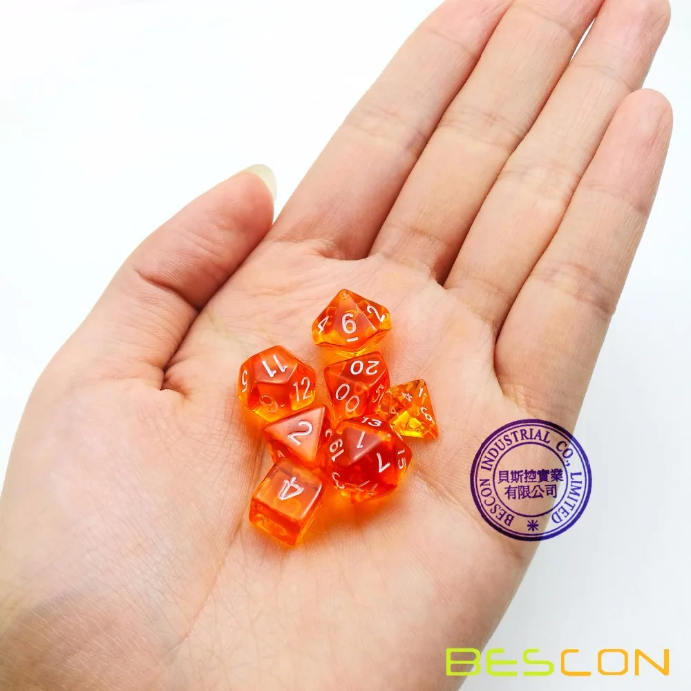 Bescon мини полупрозрачные многогранные RPG игральные кости набор 10 мм, Малый RPG ролевые игры игральные кости набор D4-D20 в трубе, прозрачный оранжевый