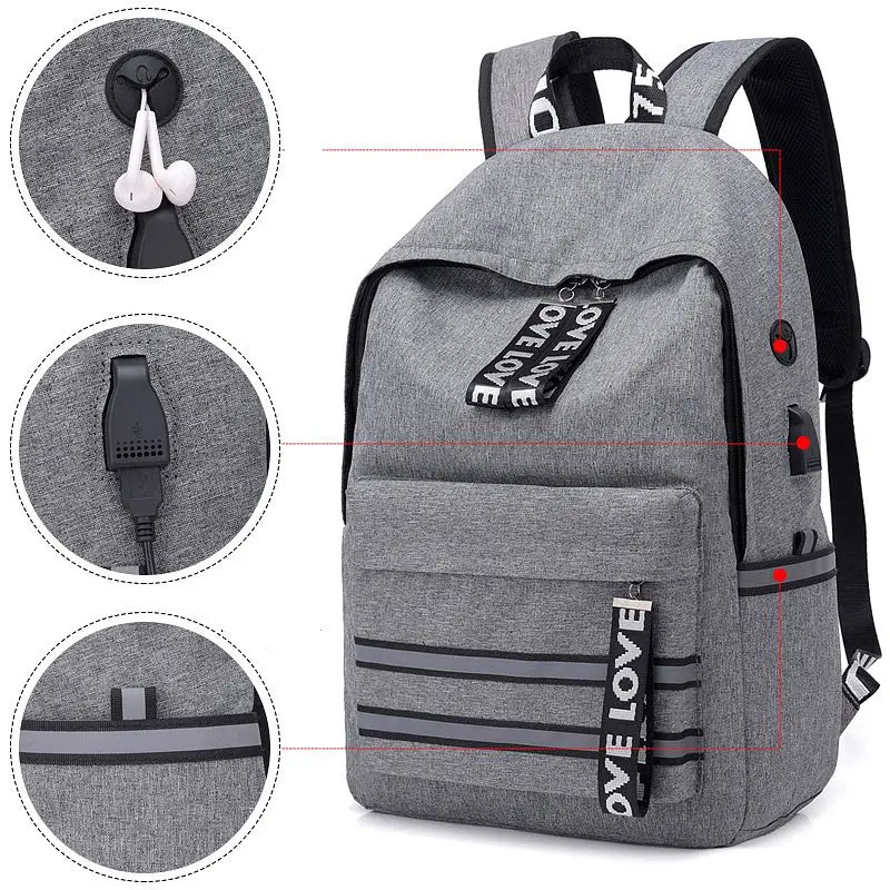 Холст Унисекс Рюкзак usb зарядка школьный рюкзак качество Путешествия Школьные