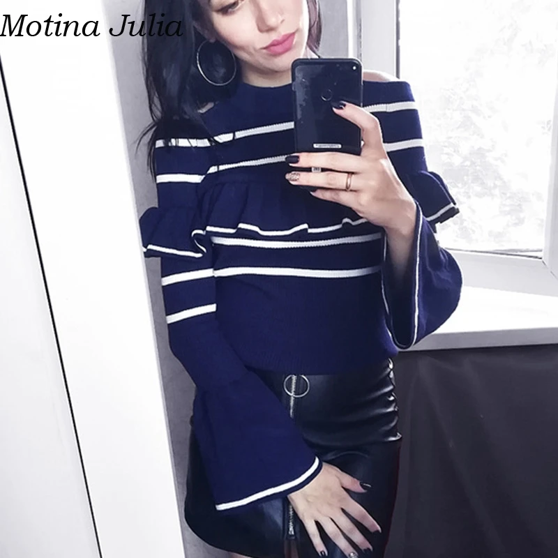 Motina Julia Striped Ruffle cold shoulder knitted sweater women Autumn soft warm chic pullover female Winter party jumper | Женская