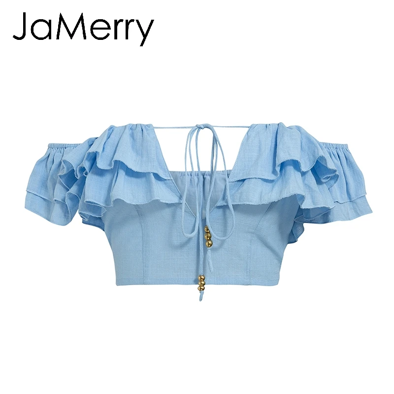 JaMerry Винтаж Лен с оборками на шнуровке Женская майка Топы sexy плеча летние плотные
