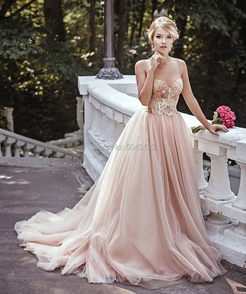 Fascinating Blush Tulle Wedding Dresses Sequins Spaghetti Straps Sleeveless Bridal Gowns Off the Shoulder Vestidos Noiva