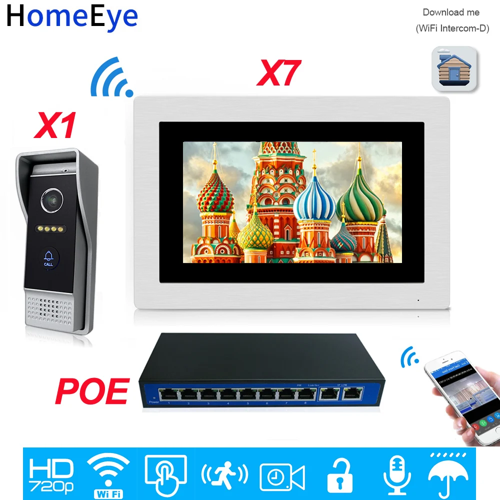 HomeEye 720P HD WiFi IP Video Door Phone Video Intercom Android/IOS APP Remote Unlock Home Access Control System 1-7 +POE Switch