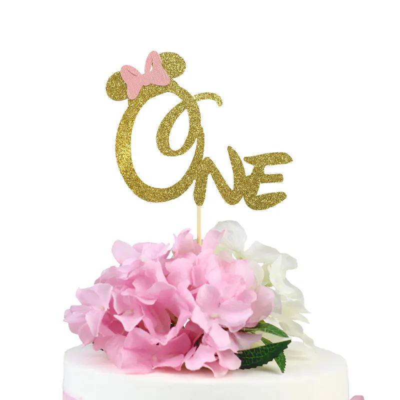 Золотистая розовая наклейка для торта в виде Минни на первый день