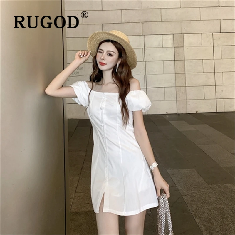 Женское мини платье RUGOD Белое Облегающее однобортное с открытыми плечами в