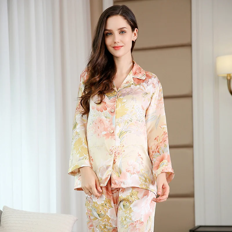 Пижама женская шелковая с длинным рукавом и принтом | Женская одежда