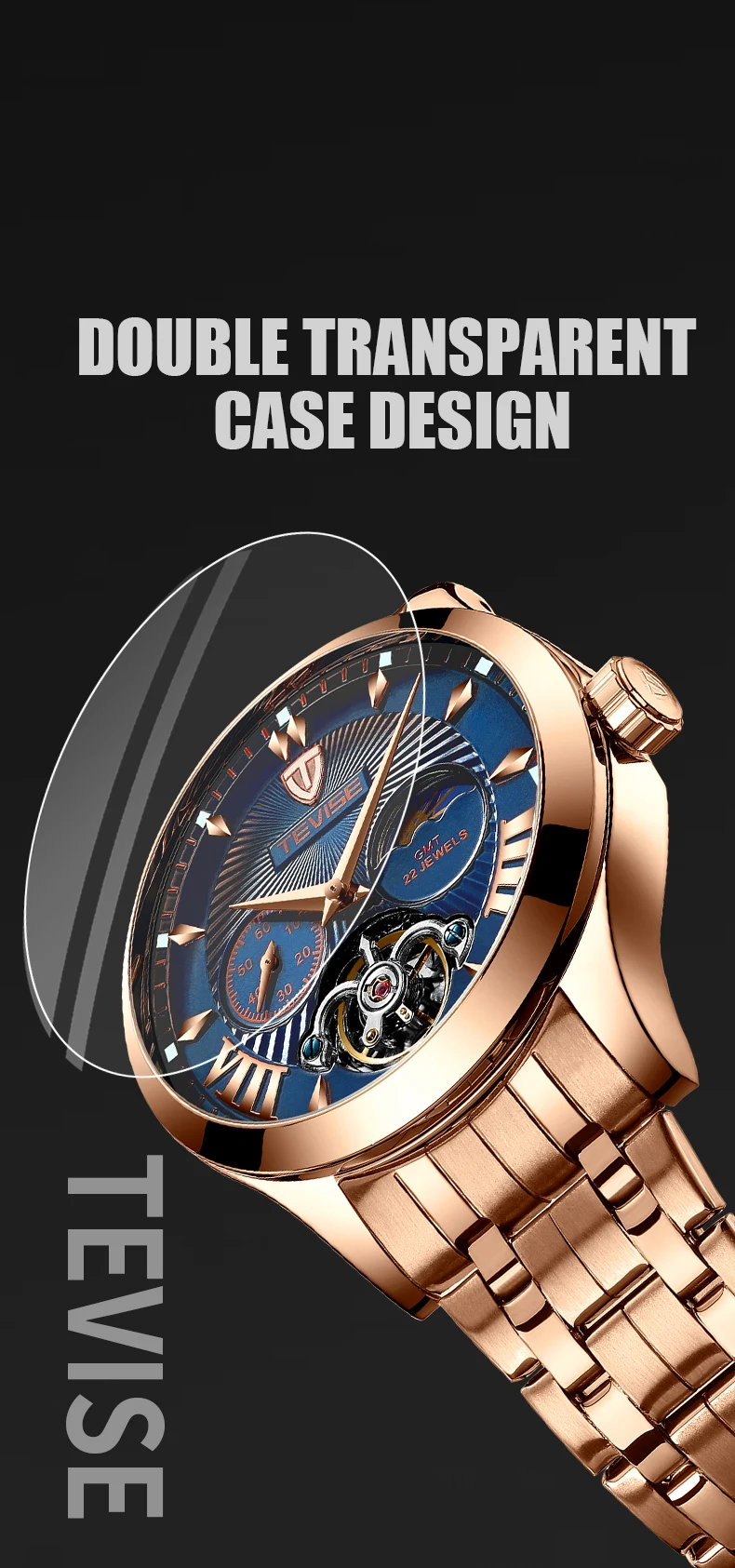 Tourbillon Tevise Лидирующий бренд Мужские механические часы автоматические Модные Роскошные мужские часы из нержавеющей стали Relogio Masculino