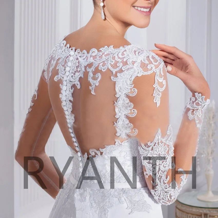 Vestido de Noiva Дешевое кружевное шифоновое свадебное платье с длинным рукавом на заказ, прозрачные Свадебные платья на спине, Robe de mariee