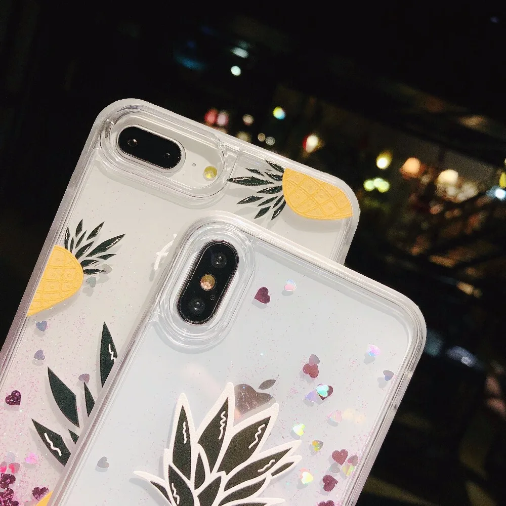 Bling Glitter Dynamic love heart pineapple Liquid Quicksand Phone Back cover For iPhone 6 6S Case 7 8 X Plus Capa |