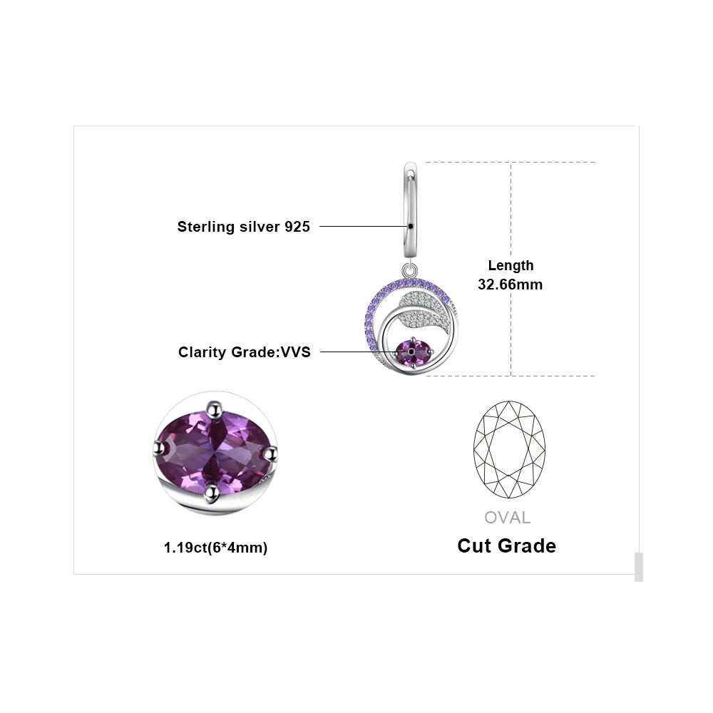 Jewelrypalace листьев 1.7ct создан Александрит Фиолетовый кубического циркония Длинные Висячие серьги 925 серебро хороший подарок для девушки/женщина
