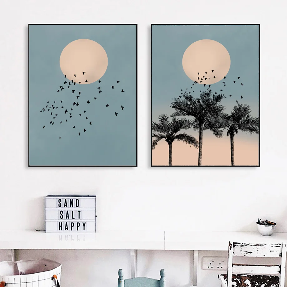 Sun Moon Bird пальмовое дерево пейзаж настенная живопись на холсте скандинавские