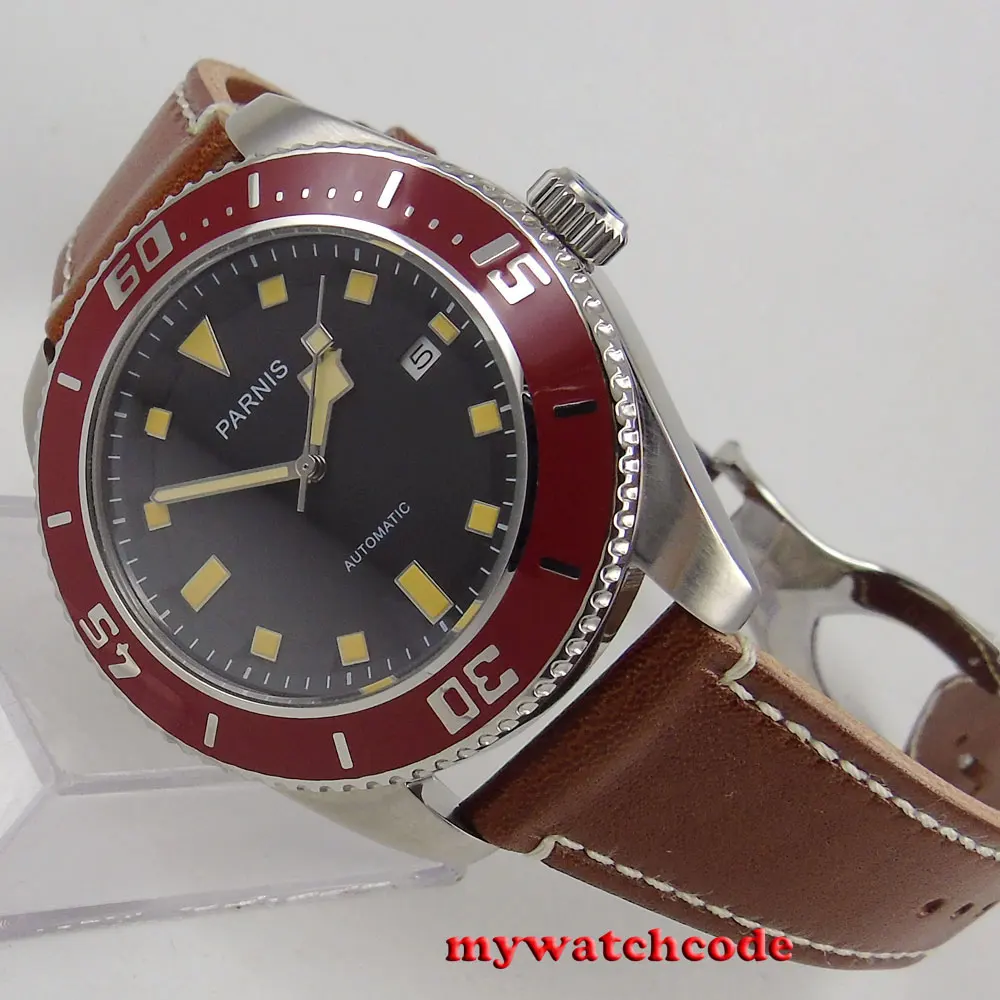 

Мужские часы с черным циферблатом 43 мм parnis, дата 21, драгоценности miyota 8215, автоматическое движение