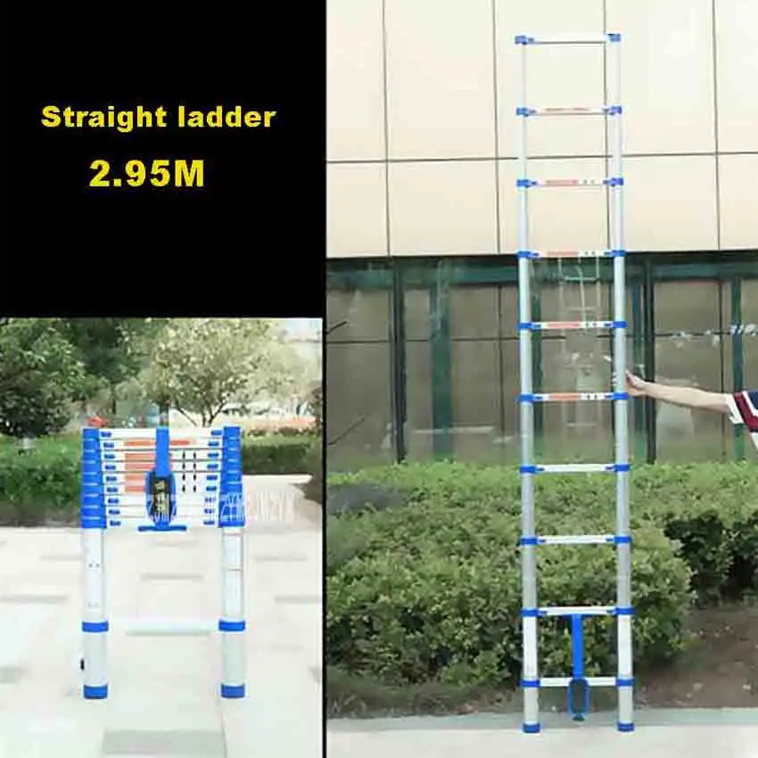 JJS511 High-quality Thicken Aluminium Alloy 10-Step Single-sided Straight Ladder Portable Household 2.95 Meters Extension Ladder