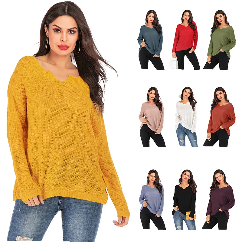Свитер женский трикотажный однотонный с V-образным вырезом и длинным рукавом |