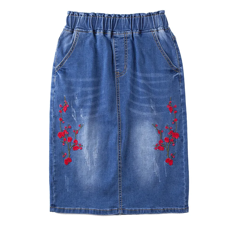 

2020 Summer New Arrival Floral Embroidery Elastic Waist Knee-Length Blue Jean Skirt Elegant Embroidered Skirt Free Shipping