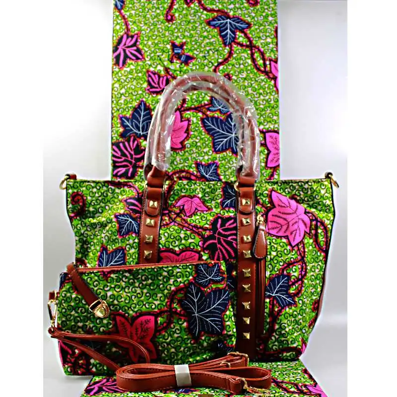 

High Quality African Wax Bag Sets New Arrival Popular Woman Handbag With 6 Yards African Ankara Wax Cotton Fabrics 3 Pieces/set