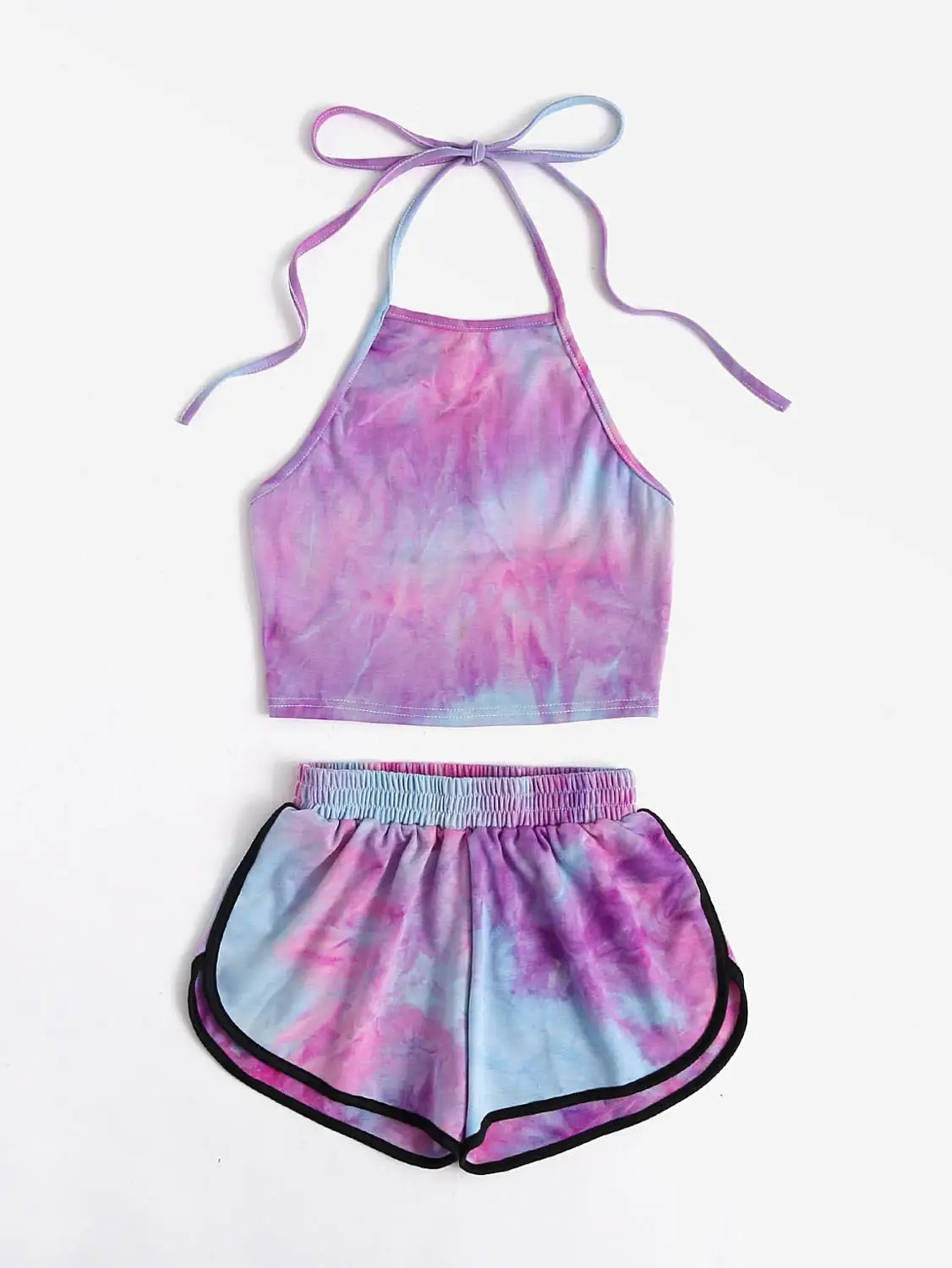 purple Женские комплекты из двух предметов, летние короткие штаны с бретелькой через шею, цветной топ с открытой спиной, сексуальные шорты,, Ensemble Femme - Цвет: purple