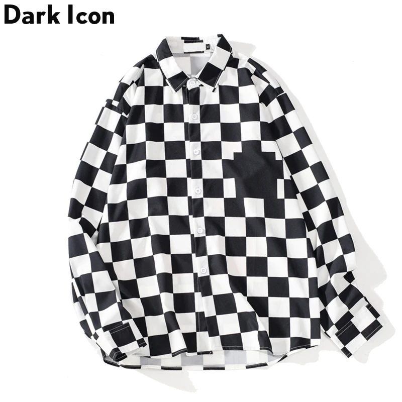 Dark Icon Interesting Print Plaid Men’s Shirts 2019 Autumn Oversize Long Sleeved Checkered Shirts Streetwear Hipster Shirts