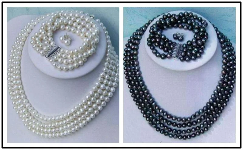 Изысканный натуральный черный с белым жемчугом из искусственного жемчуга акойя выбор цвета 4 ряда ожерелье, браслет, серьги 2 комплекта word
