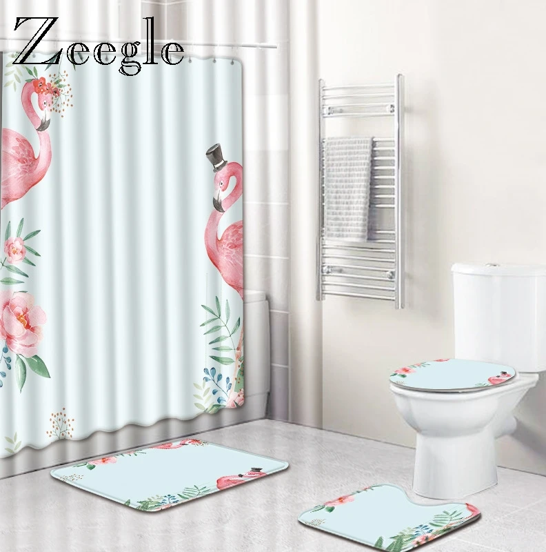Фламинго узор Ванная комната коврик для ванной и душа Шторы 4 шт. Туалет ковер