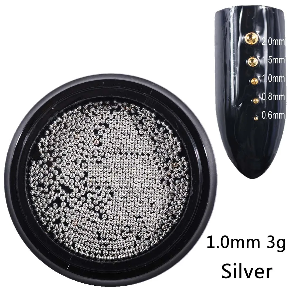 1.0mm sliver 3g Бусины для ногтей, микро металлические бусины 0,6-2,0 мм, 3D Шпильки для ногтей, сплав, ювелирное изделие для ногтей, амулеты, принадлежности для художественных украшений, стальные шарики для икры - Цвет: 1.0mm sliver 3g