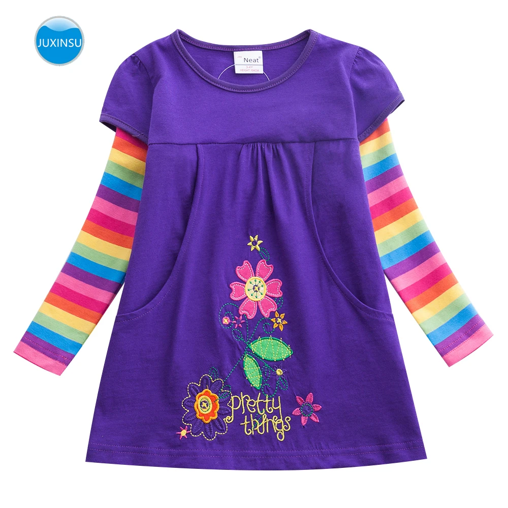 JUXINSU Cotton Girls Flower Embroidery Long Sleeve Dresses Rainbow Autumn Winter Casual Dress Clothing for Girl 1-8 Years | Детская