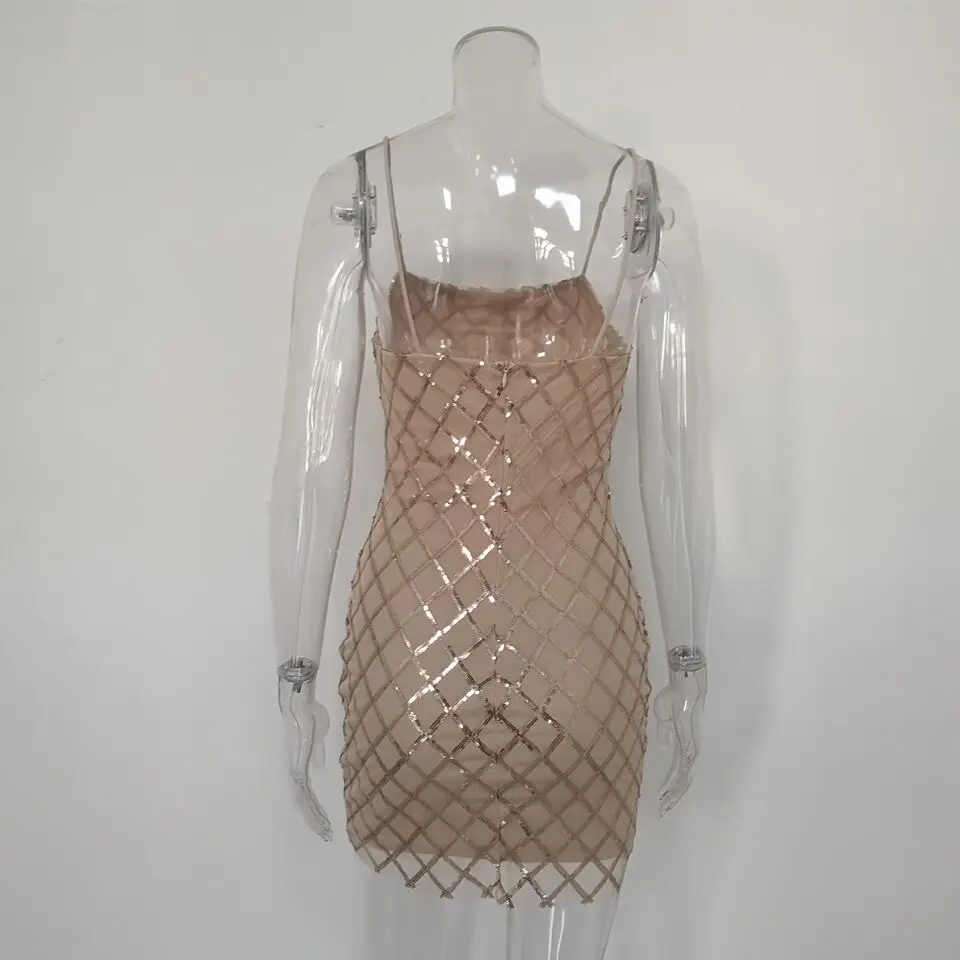 JillPeri Women Mini Dress Sexy Slash Neck Strap Sequin Dresses Sleeveless Plaid Club Wear Short Luxury Gold Summer Daily | Женская