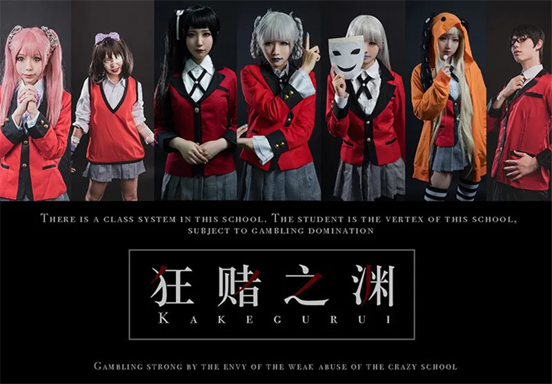 Косплей на Хэллоуин костюмы аниме Kakegurui Yumeko Jabami школьная форма для девочек Полный комплект куртка+ рубашка+ юбка+ чулки+ галстук+ WigShoes