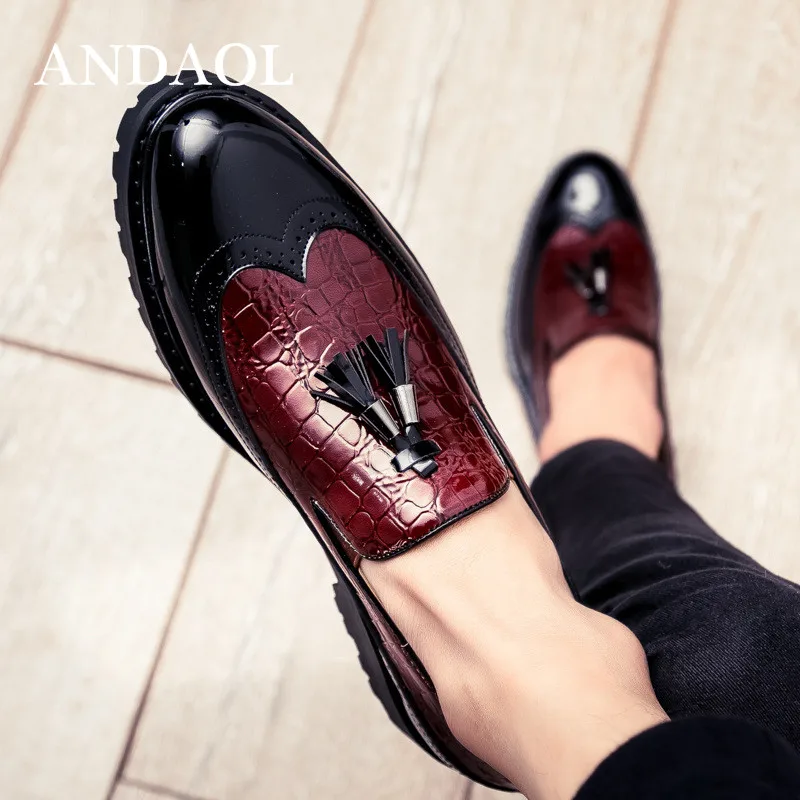 

ANDAOL Men 's Leather Casual Shoes NEW Genuine Cow Leather Tassel business Slip-On Oxfords Luxury Round Toe Wedding Party Shoes