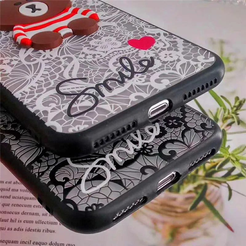 Luxury Back Cover For iPhone XR XS MAX 8 7 6s Plus Capa Coque Fundas Lace Flowers Pattern Smile Bear Brown Cartoon Phone Cases |