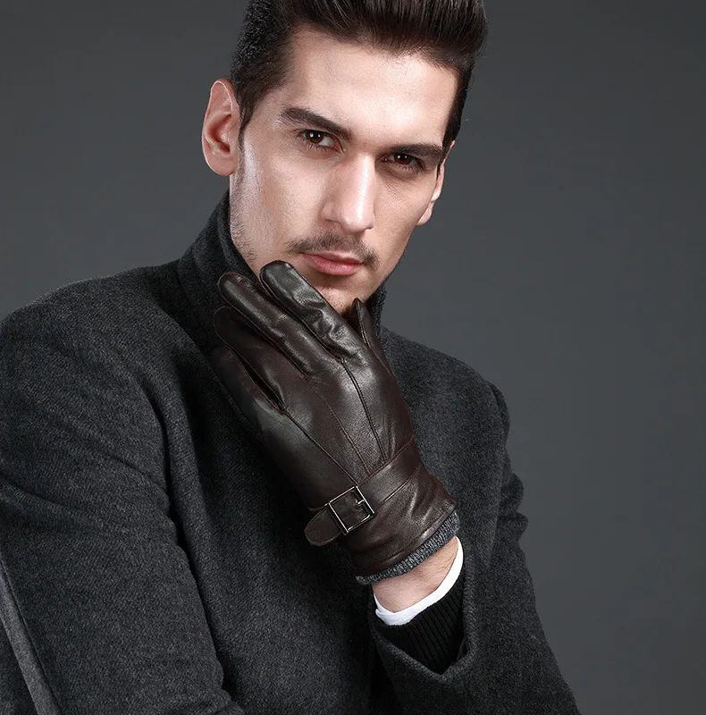 Новые кожаные зимние перчатки guantes, теплые перчатки из овчины, мужские кожаные перчатки, простые противоскользящие перчатки для мужчин KWA559 - Цвет: Brown 3