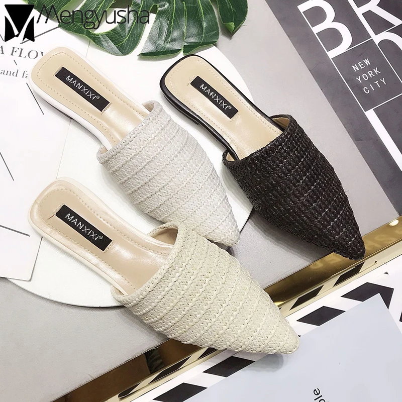 Летние женские шлепанцы с плетением корейские Мокасины острым носком на плоской