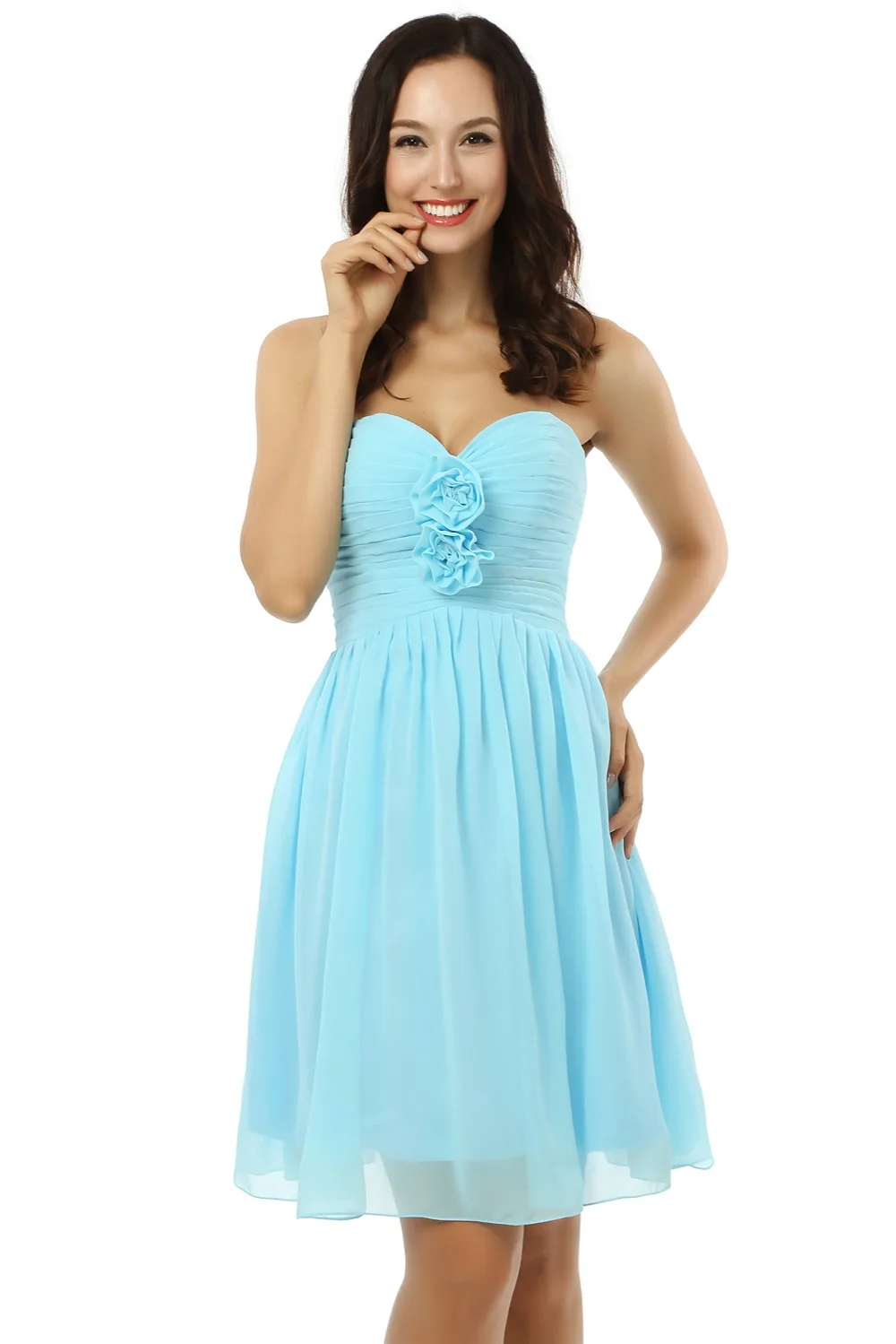 Backless Cheap Bridesmaid Dresses Under 50 A-line Sweetheart Short Mini Chiffon Turquoise Flowers Wedding Party | Свадьбы и