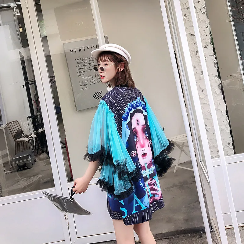 Платье из тюля с мультяшным принтом модное летнее Мини Harajuku длинным рукавом и