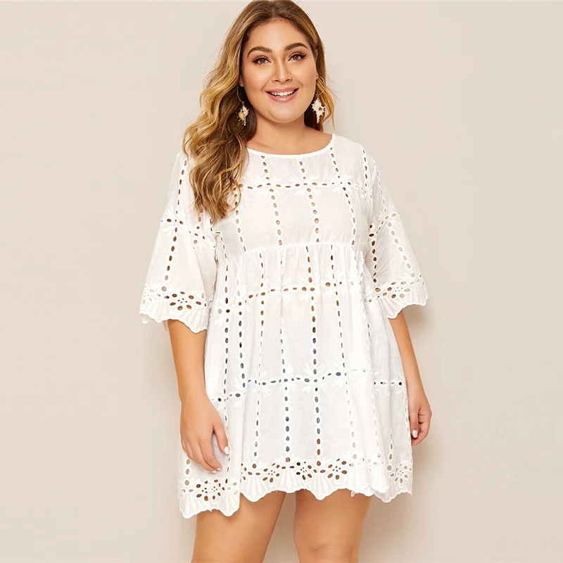 Dotfashion, женская блузка размера плюс, белая, одноцветная, с ушками, с вышивкой, женская,, бохо, летняя, половина рукава, одежда, удлиненные Топы