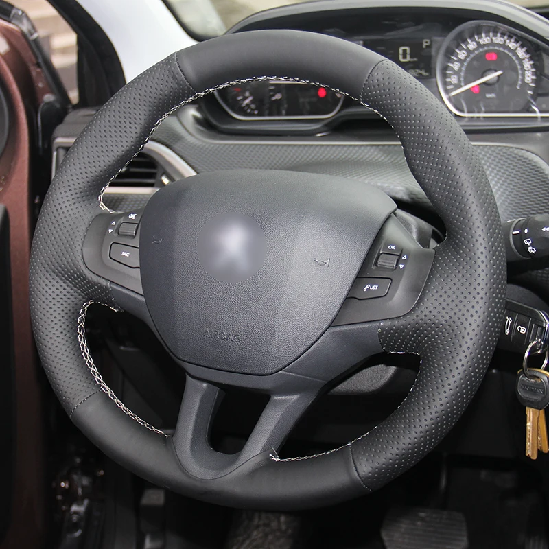 Блестящие пшеницы вручную сшитый черный кожаный руль покрытия для Peugeot 208 2008