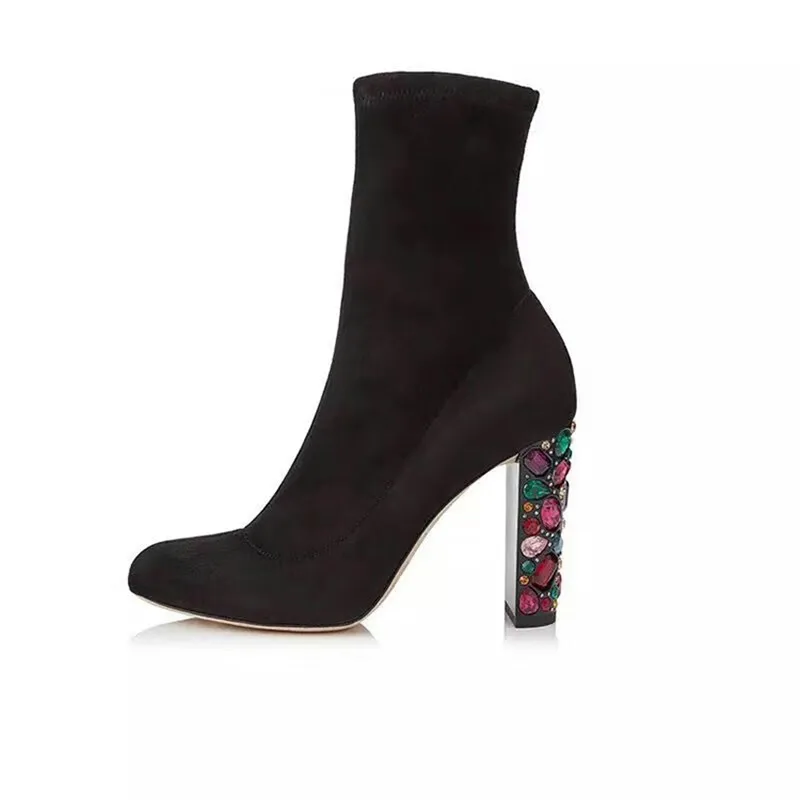 Black Stretch Suede Booties Slim Block Embellished Heels Multi Rhinestones Short Boots Thick High Heel Luxury Brand Women | Обувь