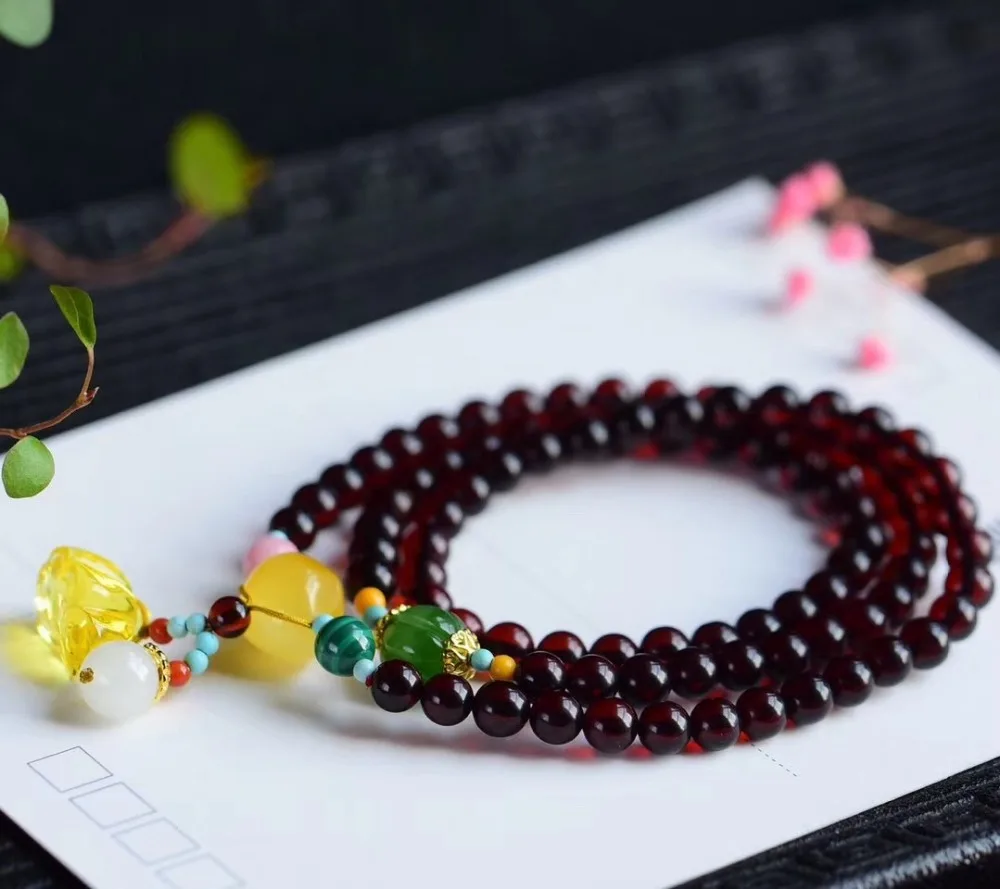 5.5mm Natural Blood Amber 3 Laps Bracelet Lotus Pendant Women Gift Stretch Crystal Fitness Bead Fashion Jewelry | Украшения и