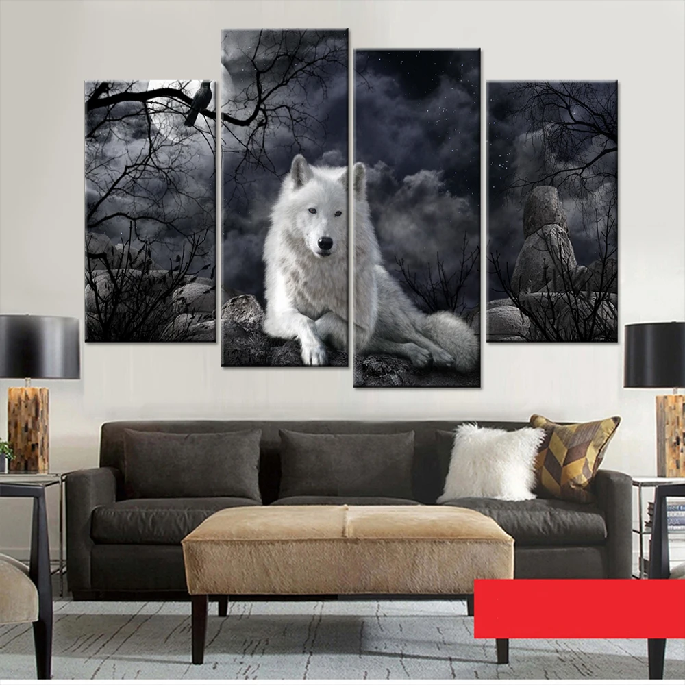 HD Печатный холст модульная структура настенная живопись дерево волк животное