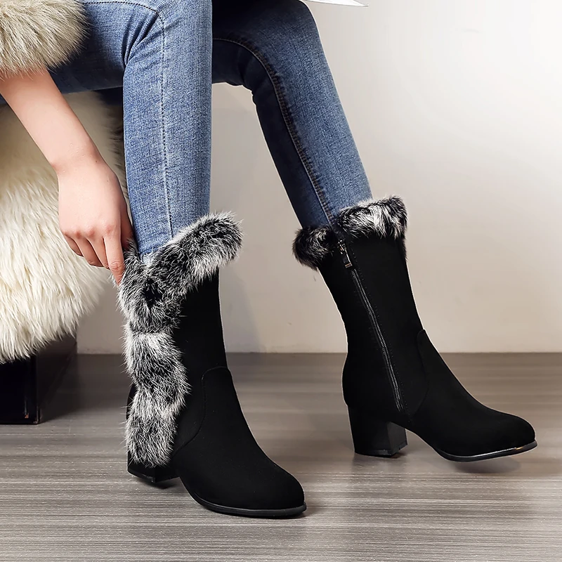 Top Quality Women's Snow Boots Fashion Natural rabbit Fur Winter Warm Mid Casual Ladies Women Shoes T255 | Обувь