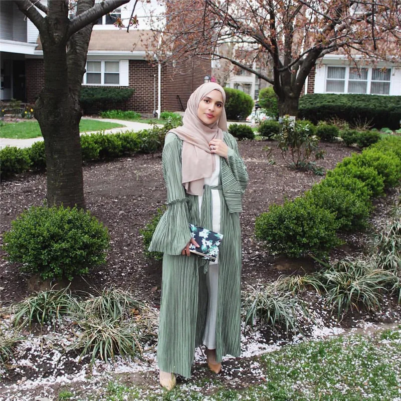 Мусульманское Плиссированное Платье-туника Abaya, юбка с расклешенными рукавами, кардиган, длинный халат, платья, Рамадан, арабский, исламский...