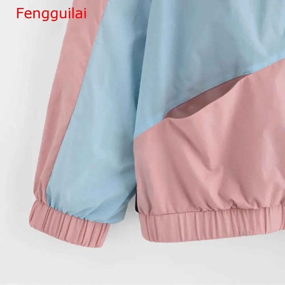 

Fengguilai Women Female Outwear Long Sleeve Patchwork Zipper Up Bomber Jacket Casual Coat Zipper Pockets Autumn Casual Sport