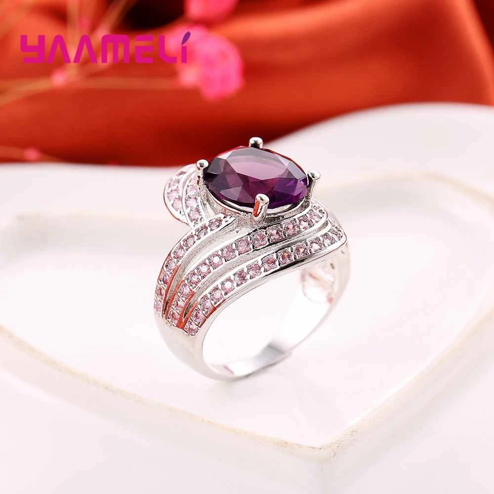 925 Sterling Silver Rings Vintage Style With Purple Crystal Exaggerated Female Wide Engagement Ring Women Girl Lady | Украшения и