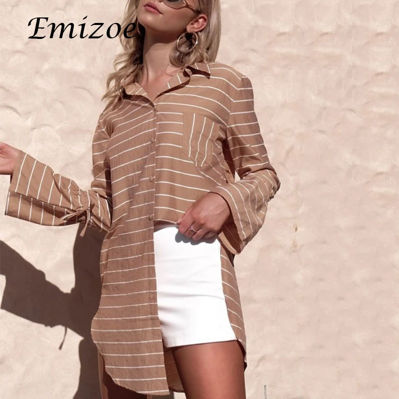 Emizoe 2018 повседневное полосатый женские блузки рубашки midi асимметричный подол