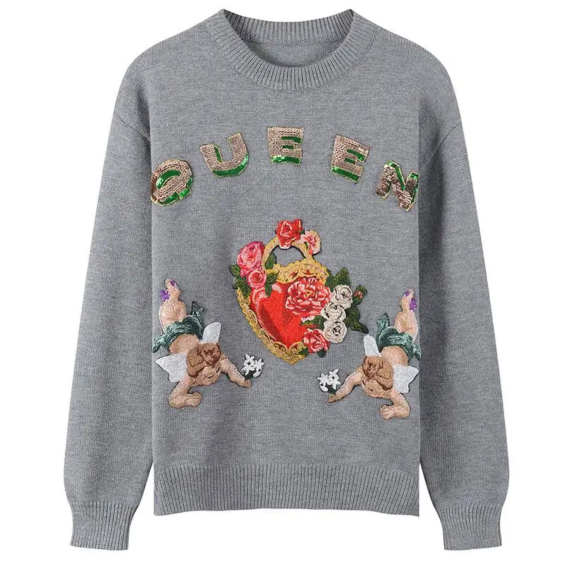 2019 Winter Runway Luxury Angel Embroidery Women Knit Sweater Pullovers Vintage Queen Letter Sequins Christmas Knits Jersey | Женская