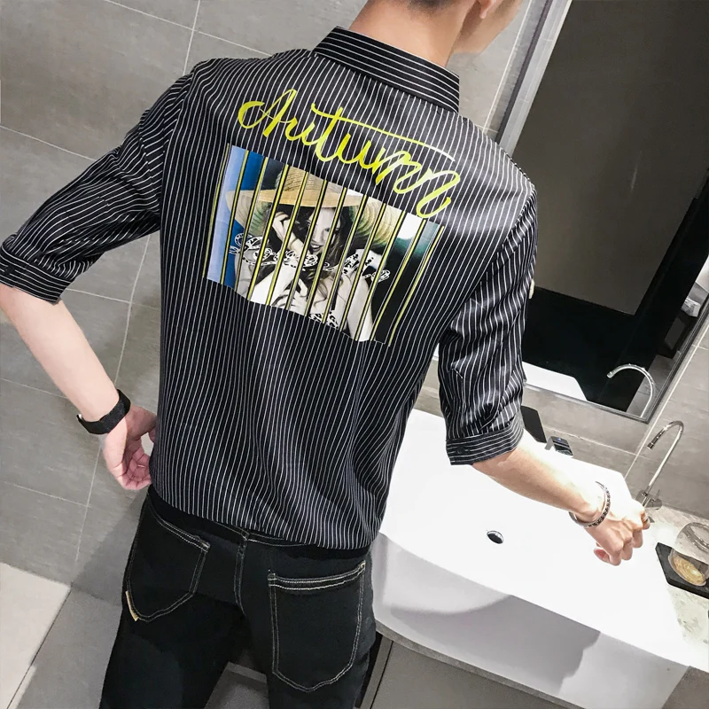 Мужская рубашка в стиле соц с коротким рукавом пятью полосками средней длины