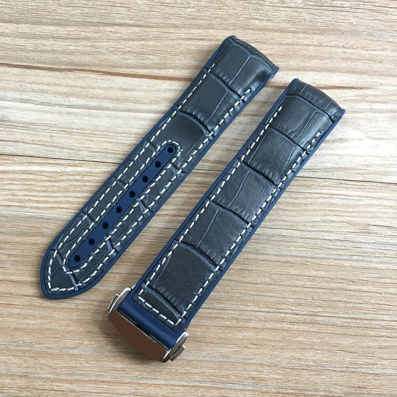 20mm 22mm Dark Blue Black Brown Rubber With Leather Watch Band Strap For OMEGA Planet Ocean Seamaster 300 Speedmaster Bracelet